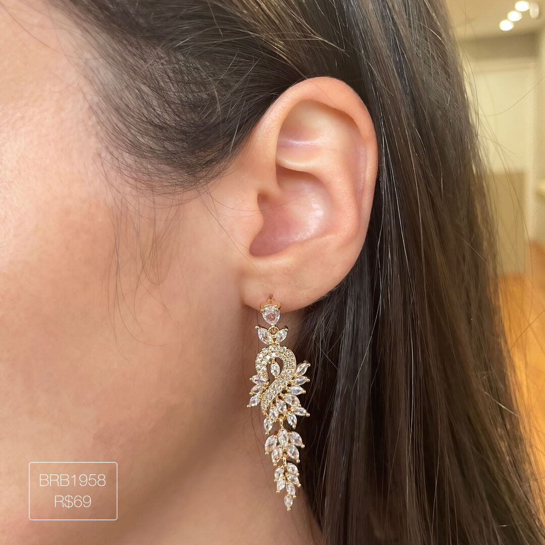 Brinco Festa Meio Coração Pendurado Navetes Cristal Dourado